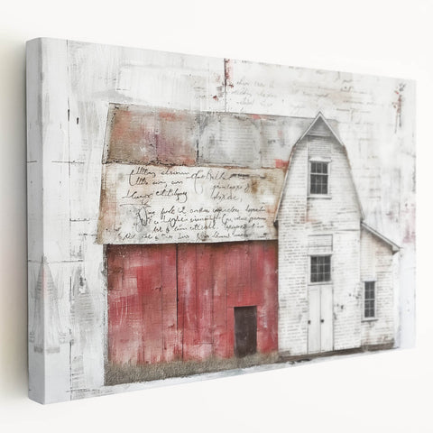 Stretched canvas wall art showcasing a serene landscape of a barn under a vibrant sunset, emphasizing rich colors and detailed brushwork for a rustic home decor accent.