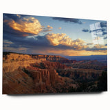 Landscape acrylic glass art piece depicting vibrant canyons in rich hues of orange and blue, showcasing a side view design without pins. Perfect for modern home decor.