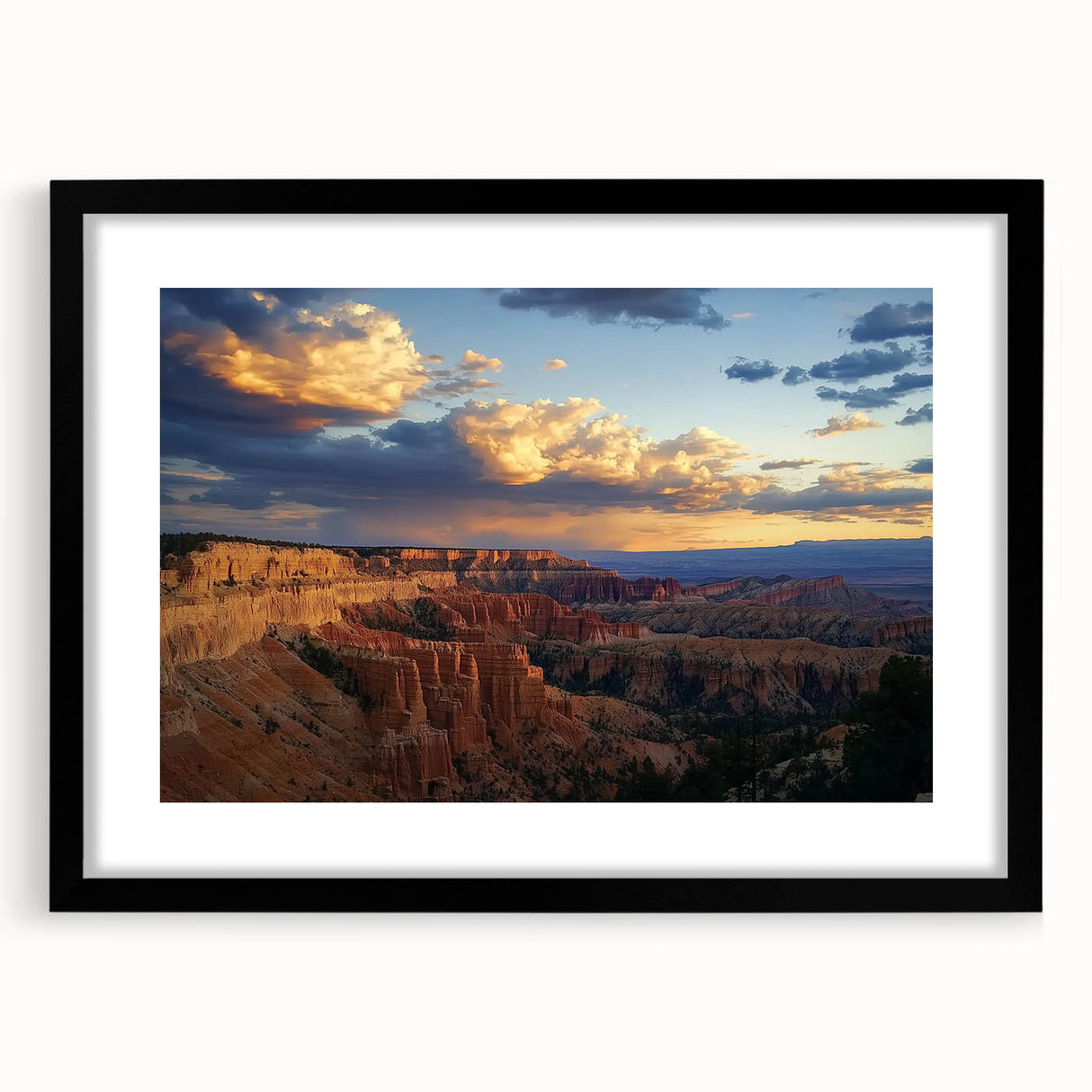 Framed landscape artwork showcasing a stunning canyon view, featuring a sleek black mat and frame, perfect for enhancing home decor with natural beauty.