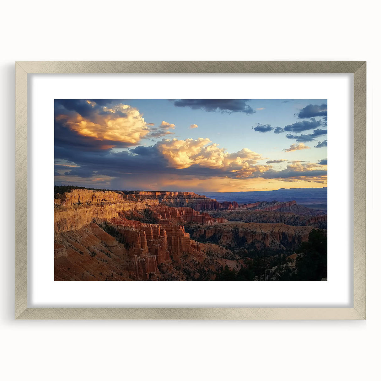 Framed landscape artwork showcasing a breathtaking canyon scene with vibrant colors and intricate details, featuring a sleek silver frame and a white mat for an elegant presentation. Perfect for adding a touch of nature-inspired decor to any space.