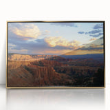 Framed acrylic artwork depicting a stunning landscape of canyons, featuring rich gold accents and vibrant colors, ideal for modern home decor. Perfect for adding elegance to any living space.