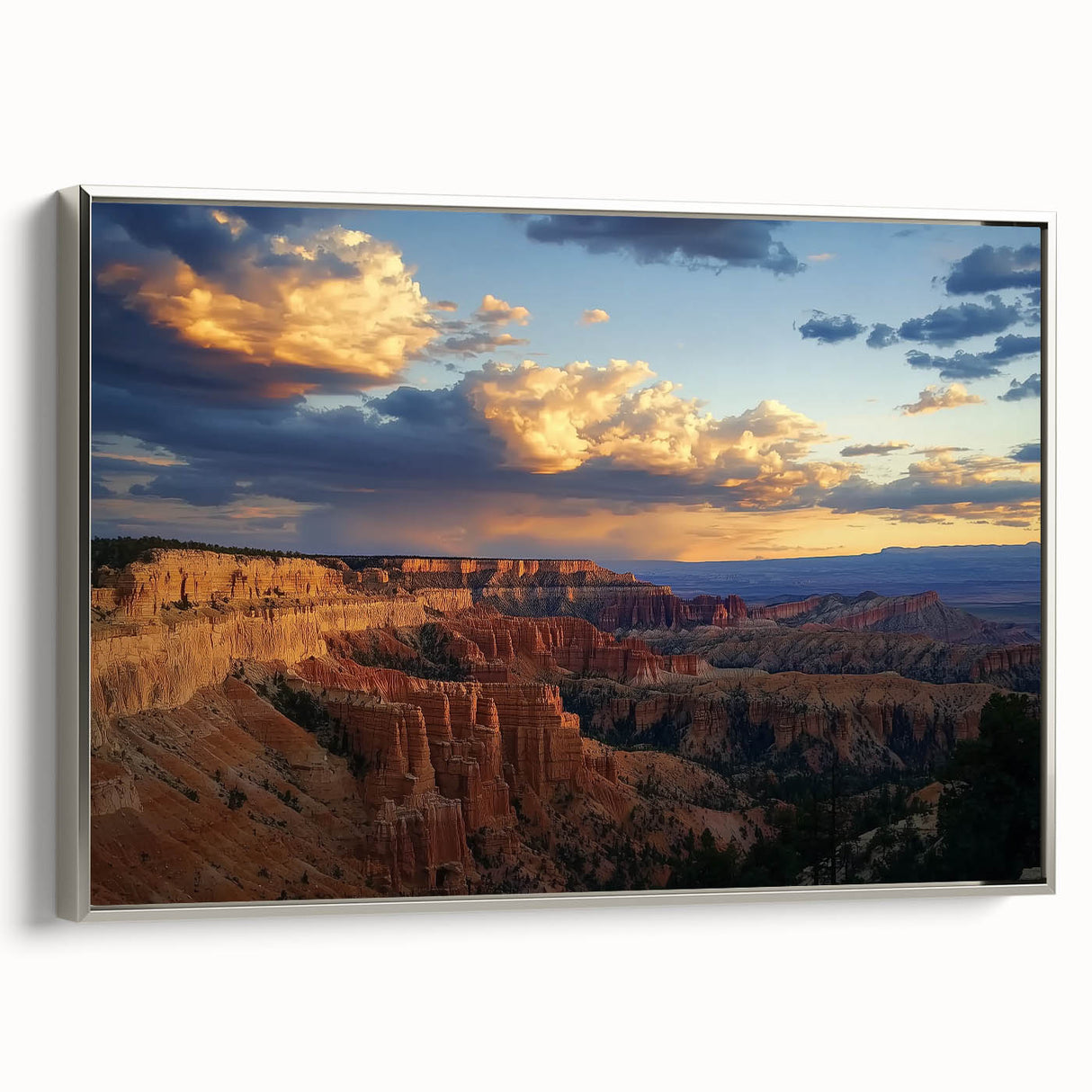 Framed landscape canvas artwork showcasing a stunning canyon view with silver accents, perfect for elevating home decor. Ideal for nature enthusiasts and art lovers.