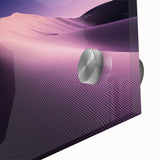 Close-up of a vibrant desert landscape acrylic artwork featuring warm tones of orange and yellow, showcasing textured details in a glass frame, perfect for modern decor.