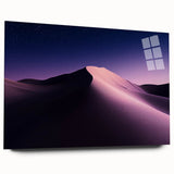 Acrylic landscape artwork depicting a serene desert scene, featuring warm hues of orange and yellow with subtle gradient effects, elegantly displayed in a sleek glass frame.