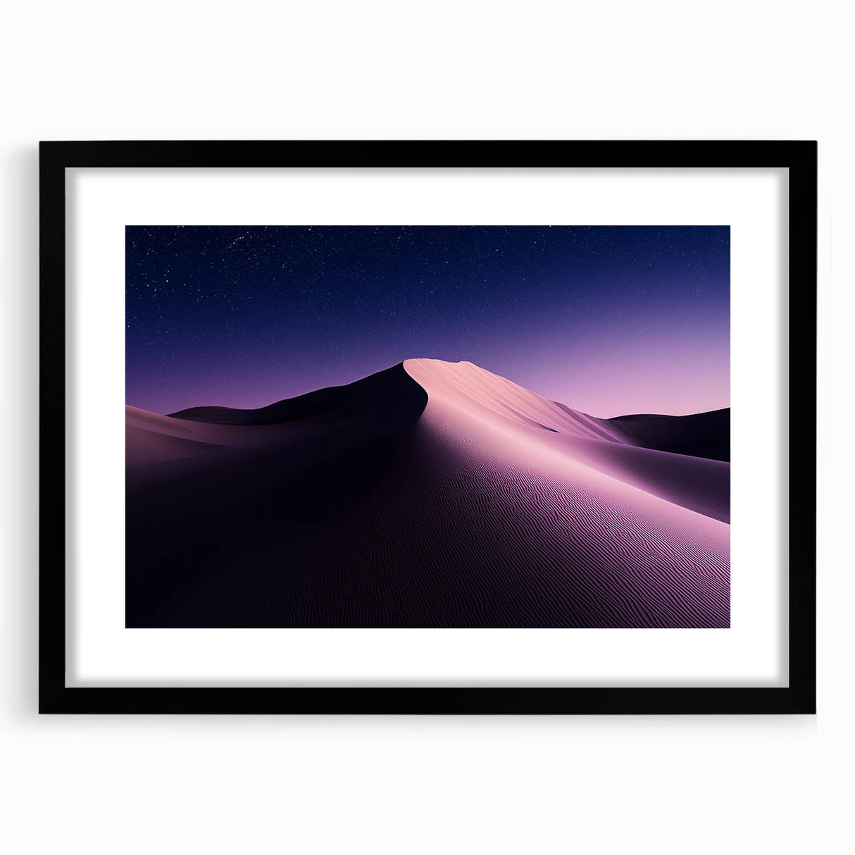 Black-framed desert landscape artwork with a matte finish, showcasing vibrant colors and intricate details, perfect for home decor and gallery displays.