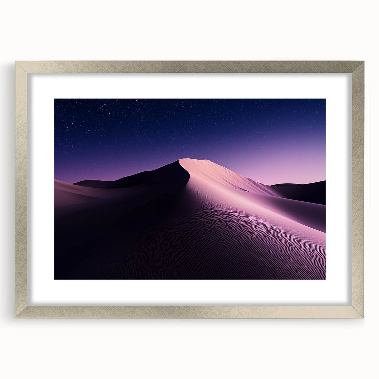 Framed desert landscape artwork featuring vibrant colors and intricate details, set in a sleek silver frame with a mat, ideal for home decor.