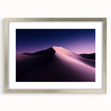 Framed desert landscape artwork featuring vibrant colors and intricate details, set in a sleek silver frame with a mat, ideal for home decor.