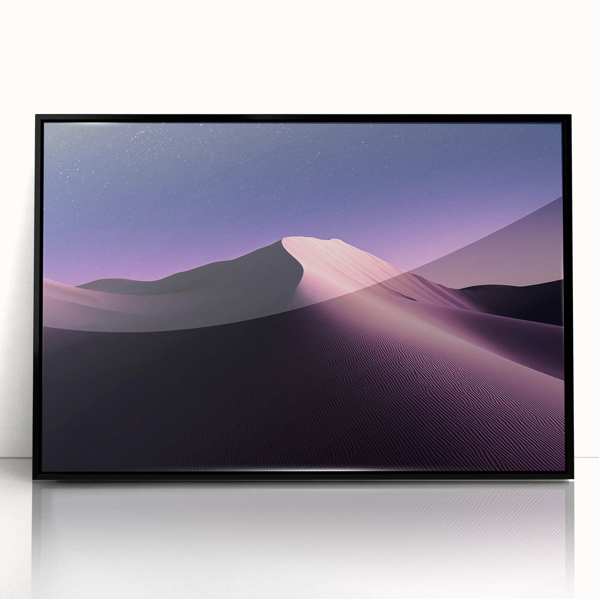 Framed acrylic artwork showcasing a vibrant desert landscape, featuring striking orange and yellow hues, with a sleek black frame, perfect for modern home decor.
