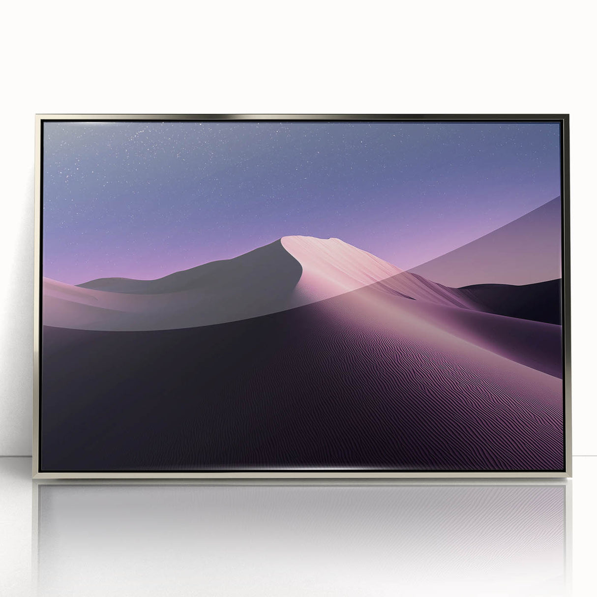 Framed acrylic artwork depicting a vibrant desert landscape with silver accents, showcasing warm hues of orange and yellow, ideal for modern home decor.