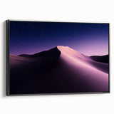 Framed canvas artwork depicting a serene desert landscape with vibrant colors, showcasing mountains and cacti, presented in a sleek black frame for elegant decor.