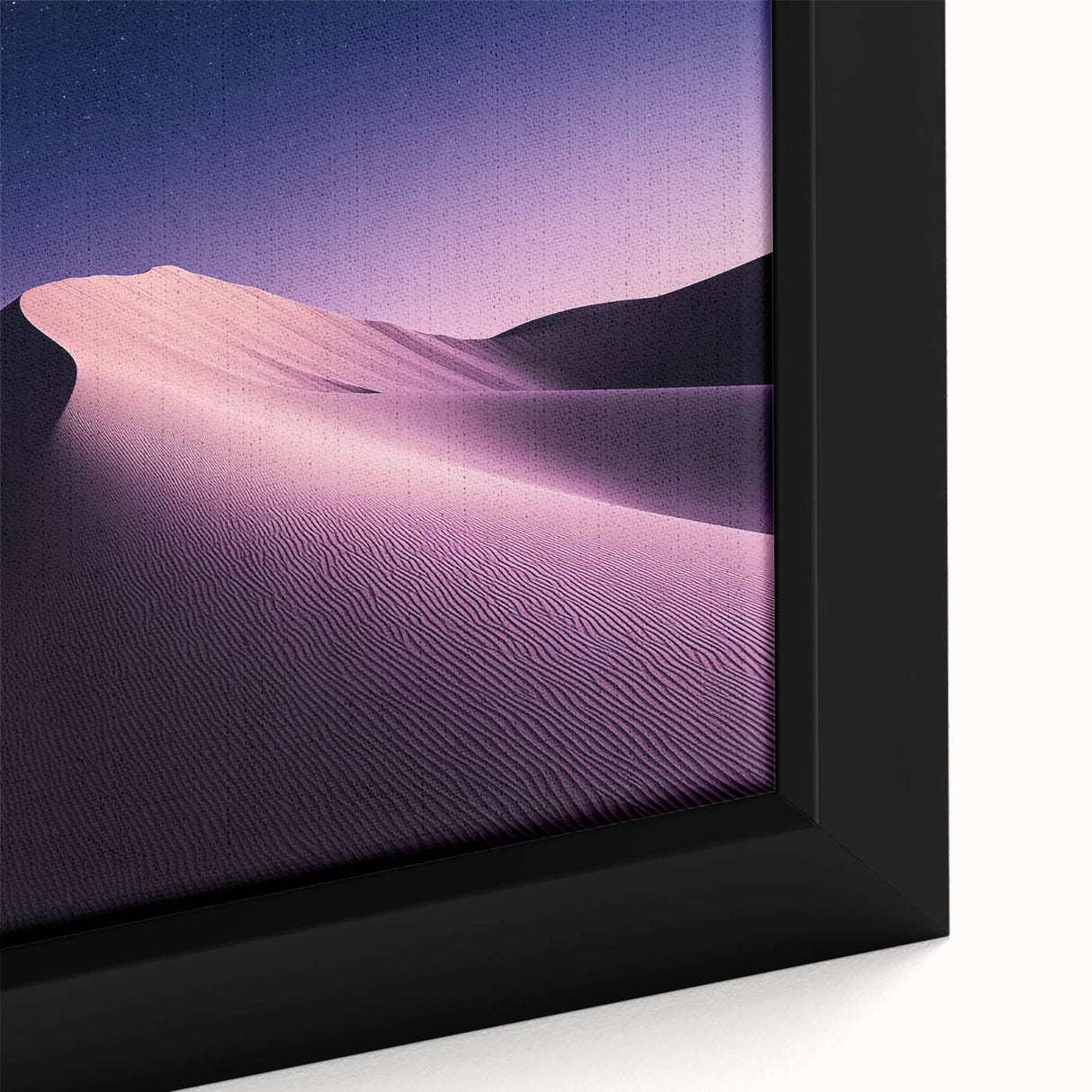 Close-up of a framed canvas artwork depicting a vibrant desert landscape, showcasing warm earth tones and textured details that evoke a serene natural setting.