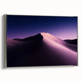 Framed canvas art showcasing a serene desert landscape with subtle hues of orange and gold, elegantly displayed with a sleek silver frame, ideal for modern home decor.