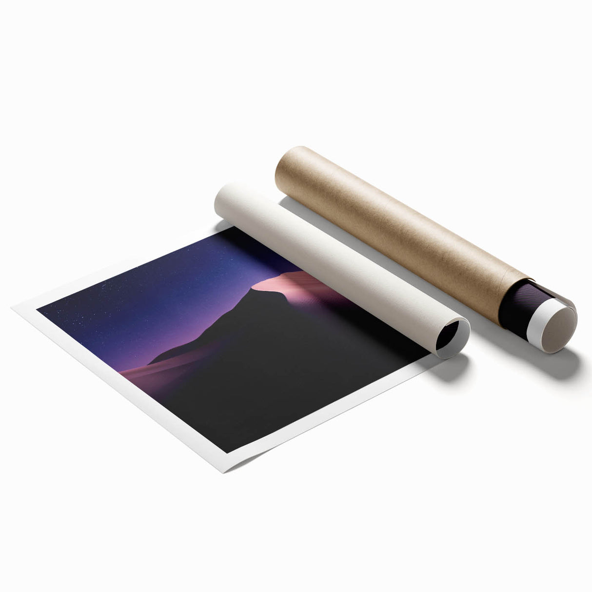 Desert landscape rolled print showcasing vibrant hues of orange and yellow with abstract mountain silhouettes, elegantly packaged in a protective tube for delivery.
