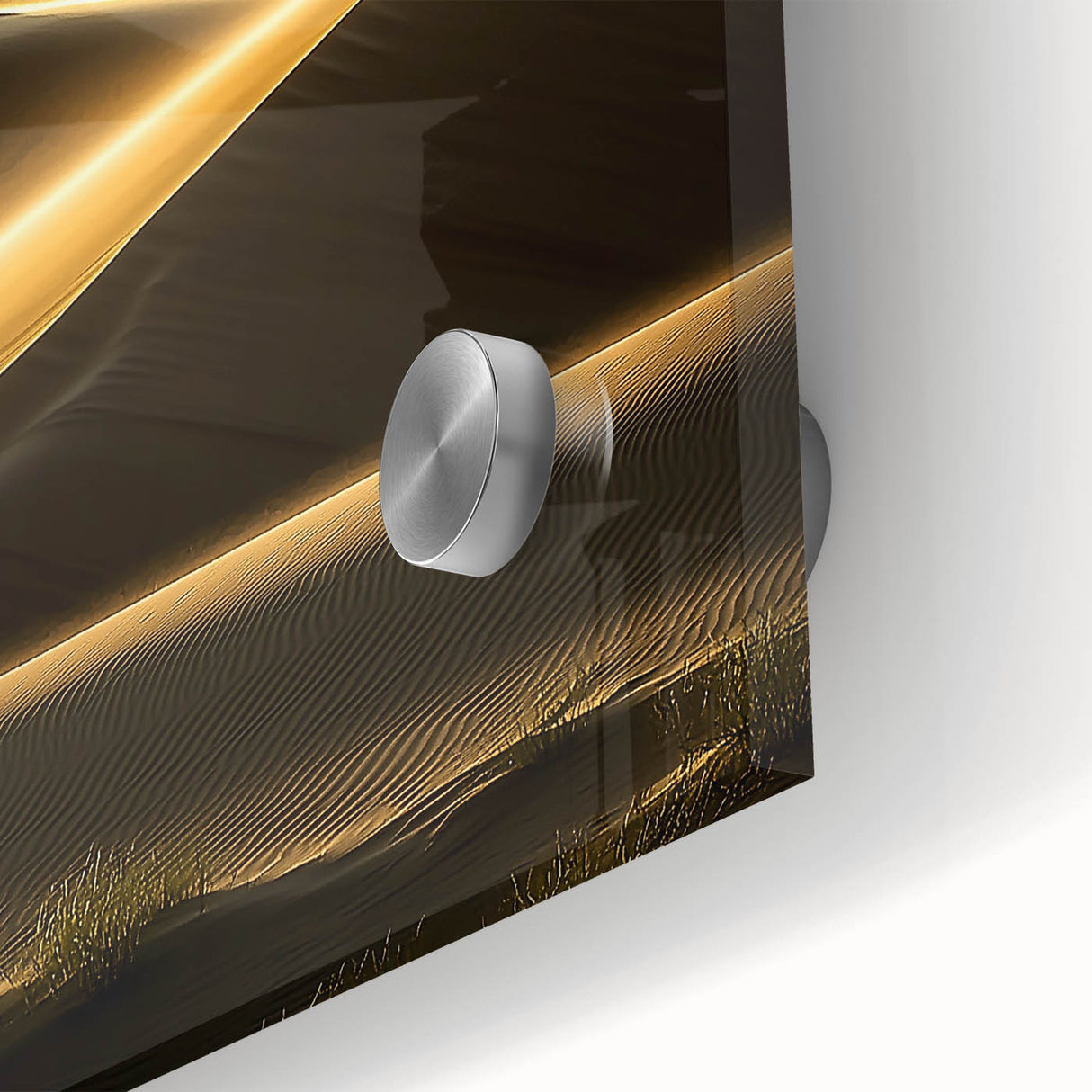 Close-up of a vibrant acrylic glass artwork depicting serene sand dunes at sunset, showcasing rich golden and orange hues, perfect for modern home decor.