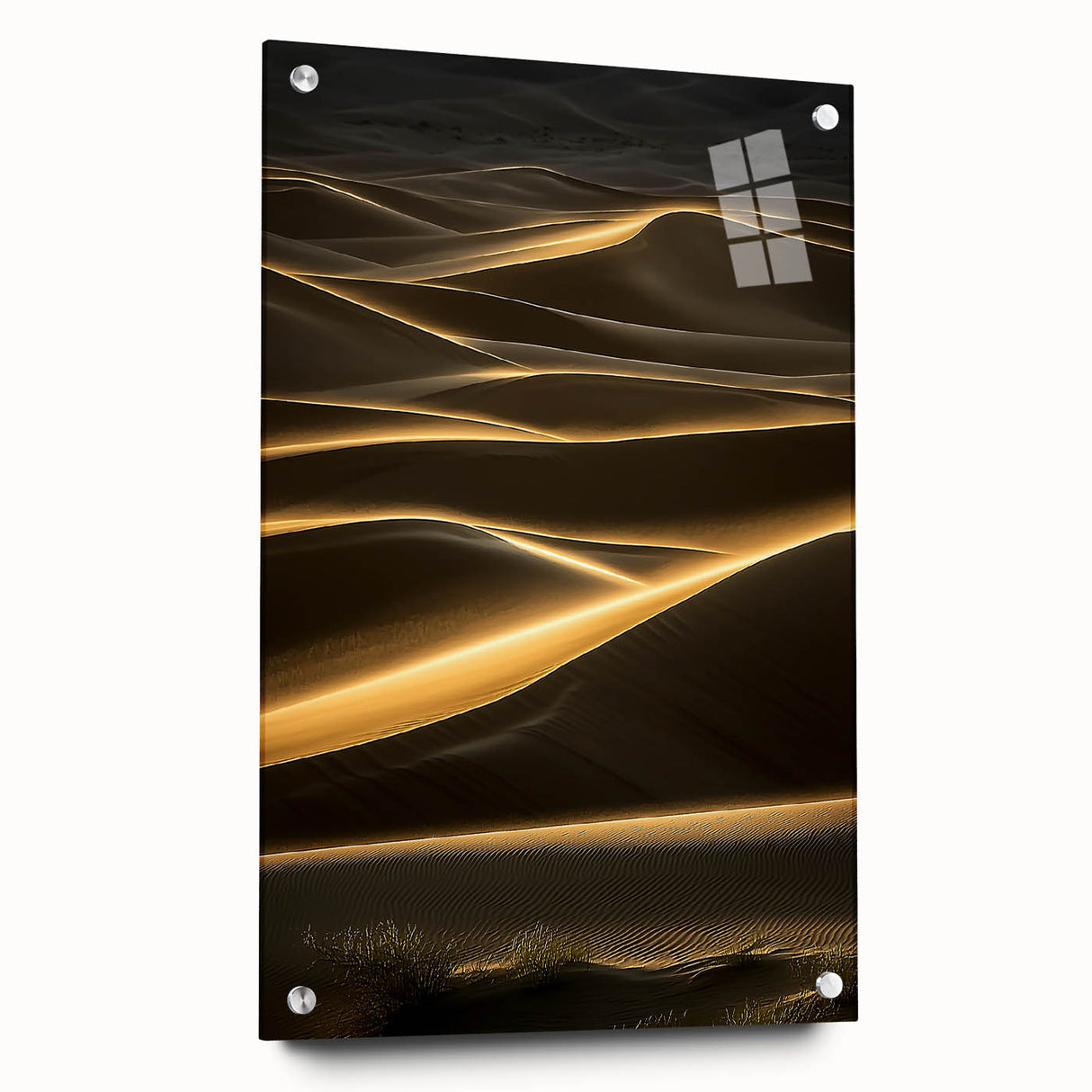 Acrylic landscape artwork showcasing serene sand dunes in vibrant colors, framed with glass and accented by elegant pins, ideal for contemporary decor.