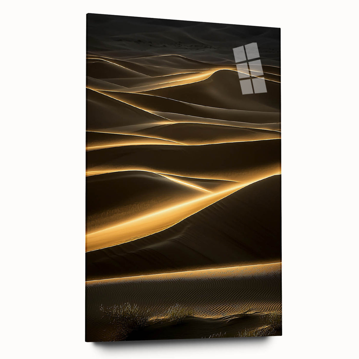 Acrylic glass artwork showcasing a serene landscape of rolling sand dunes, presented from the side view without pins, enhancing its elegant design and modern aesthetic.