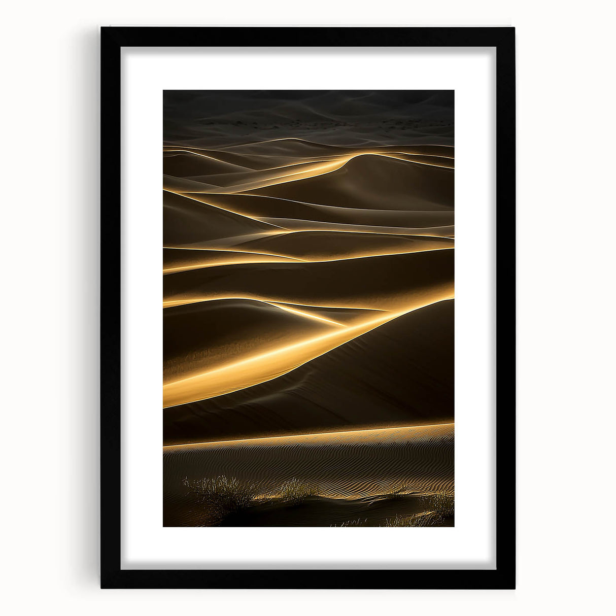 Black-framed landscape artwork featuring serene sand dunes, elegantly matted for a polished look, ideal for enhancing modern home decor aesthetics.