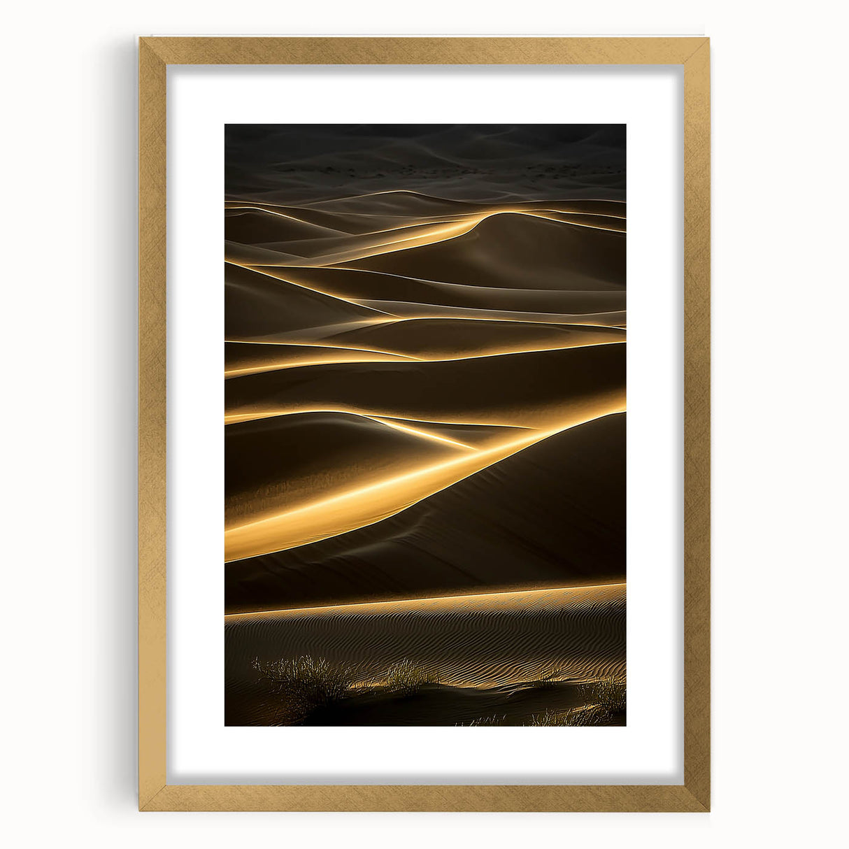 Framed landscape artwork showcasing serene sand dunes in warm gold tones, elegantly matted for a sophisticated presentation, perfect for home decor.