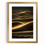 Framed landscape artwork showcasing serene sand dunes in warm gold tones, elegantly matted for a sophisticated presentation, perfect for home decor.