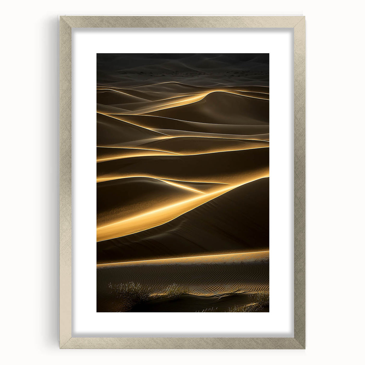 Framed landscape print showcasing serene sand dunes under a clear blue sky, surrounded by a sleek silver mat, enhancing the artwork's elegance and depth.