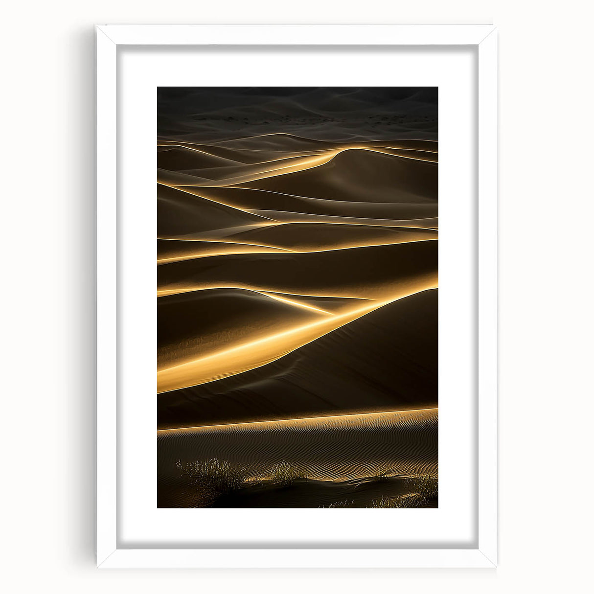 Framed landscape artwork depicting golden sand dunes under a blue sky, featuring a white mat and sleek frame, ideal for modern home decor.