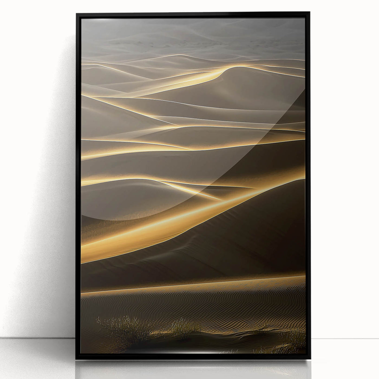 Framed acrylic artwork showcasing a stunning landscape of rolling dunes, featuring a sleek black frame and a front view that highlights the vibrant colors and textures of the scene, perfect for enhancing modern decor.