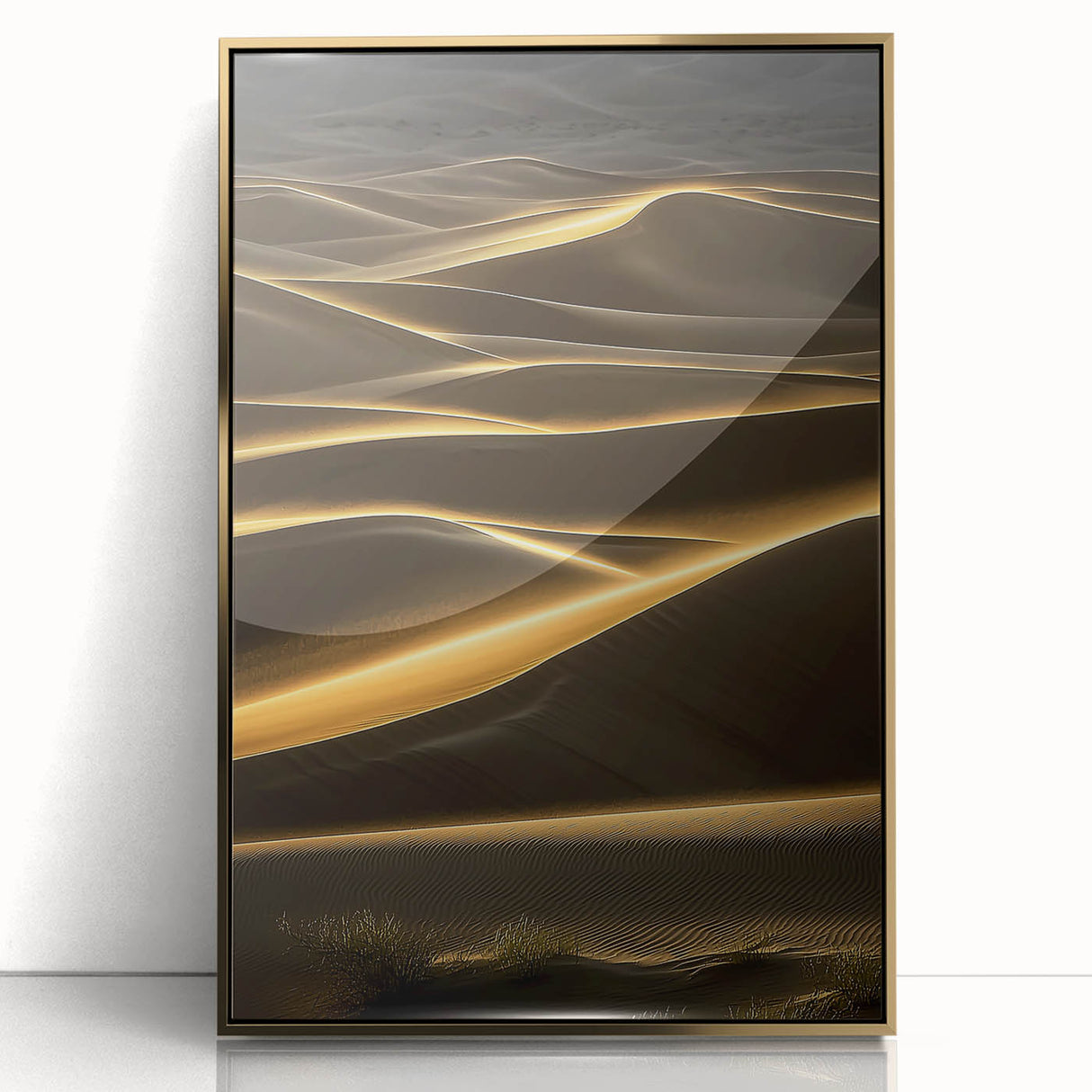 Framed acrylic artwork showcasing a stunning landscape of golden sand dunes, highlighted by a sleek gold frame, perfect for modern home decor.