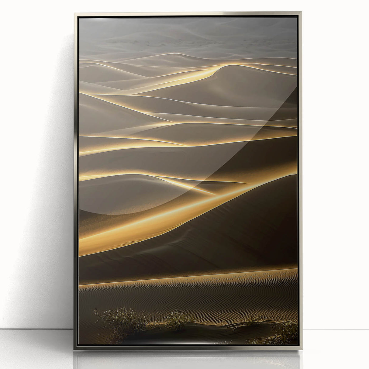 Framed acrylic artwork showcasing a stunning desert dune landscape with silver accents, perfect for modern home decor. Ideal for enhancing living spaces with a touch of nature.