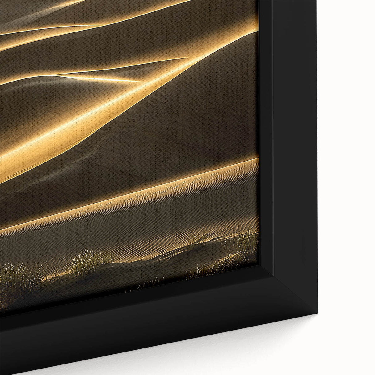 Close-up view of a framed canvas artwork depicting serene sand dunes at sunset, showcasing warm earthy tones and soft textures, perfect for modern home decor.