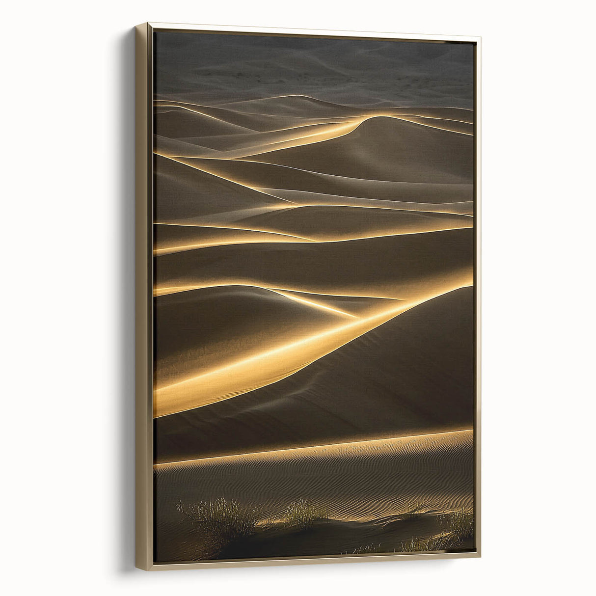 Framed canvas art depicting serene desert dunes in warm gold tones, showcasing a modern landscape design. Ideal for elevating contemporary home decor.