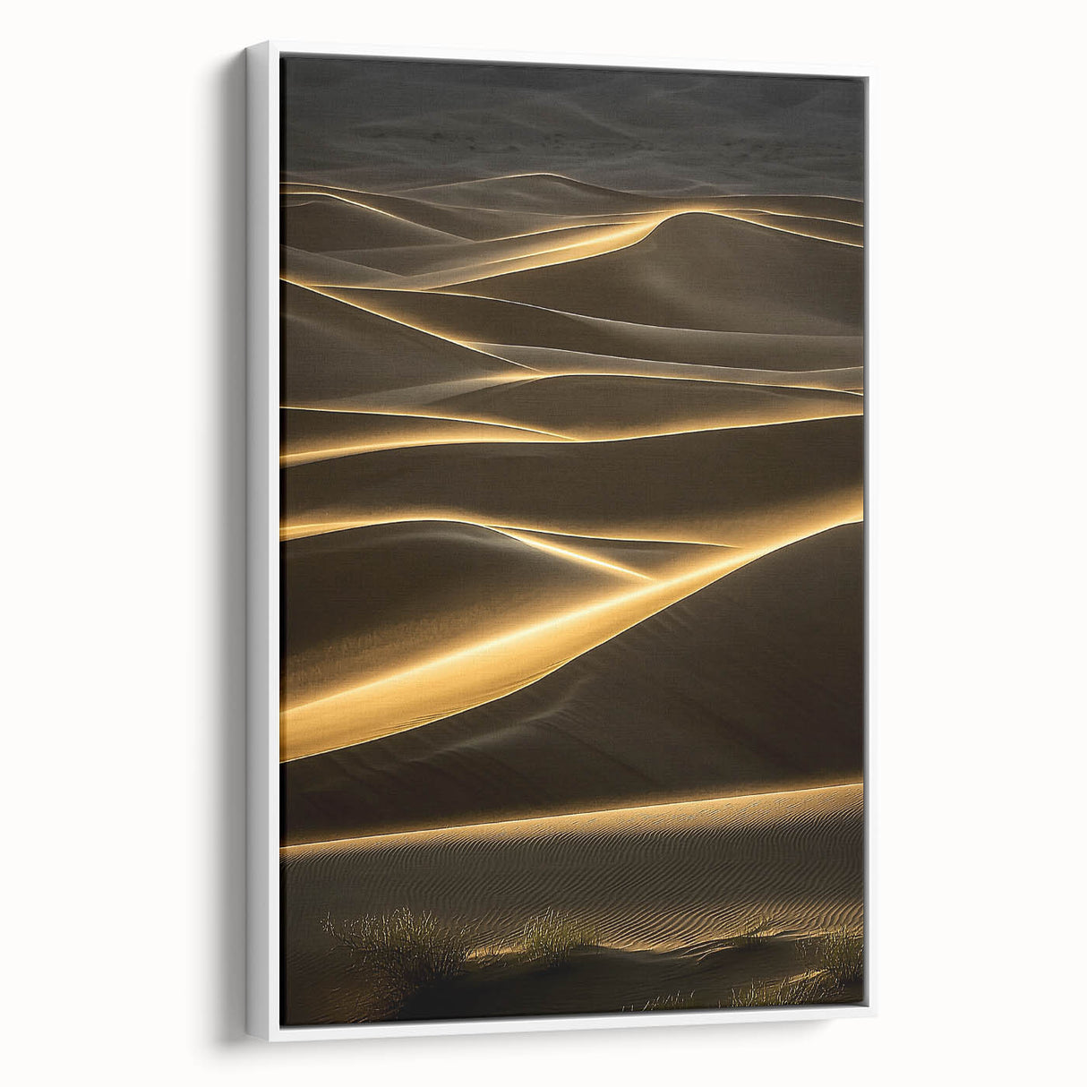 Framed canvas artwork showcasing a serene landscape of sand dunes in soft beige and white tones, emphasizing tranquility and nature's beauty, ideal for home decor.