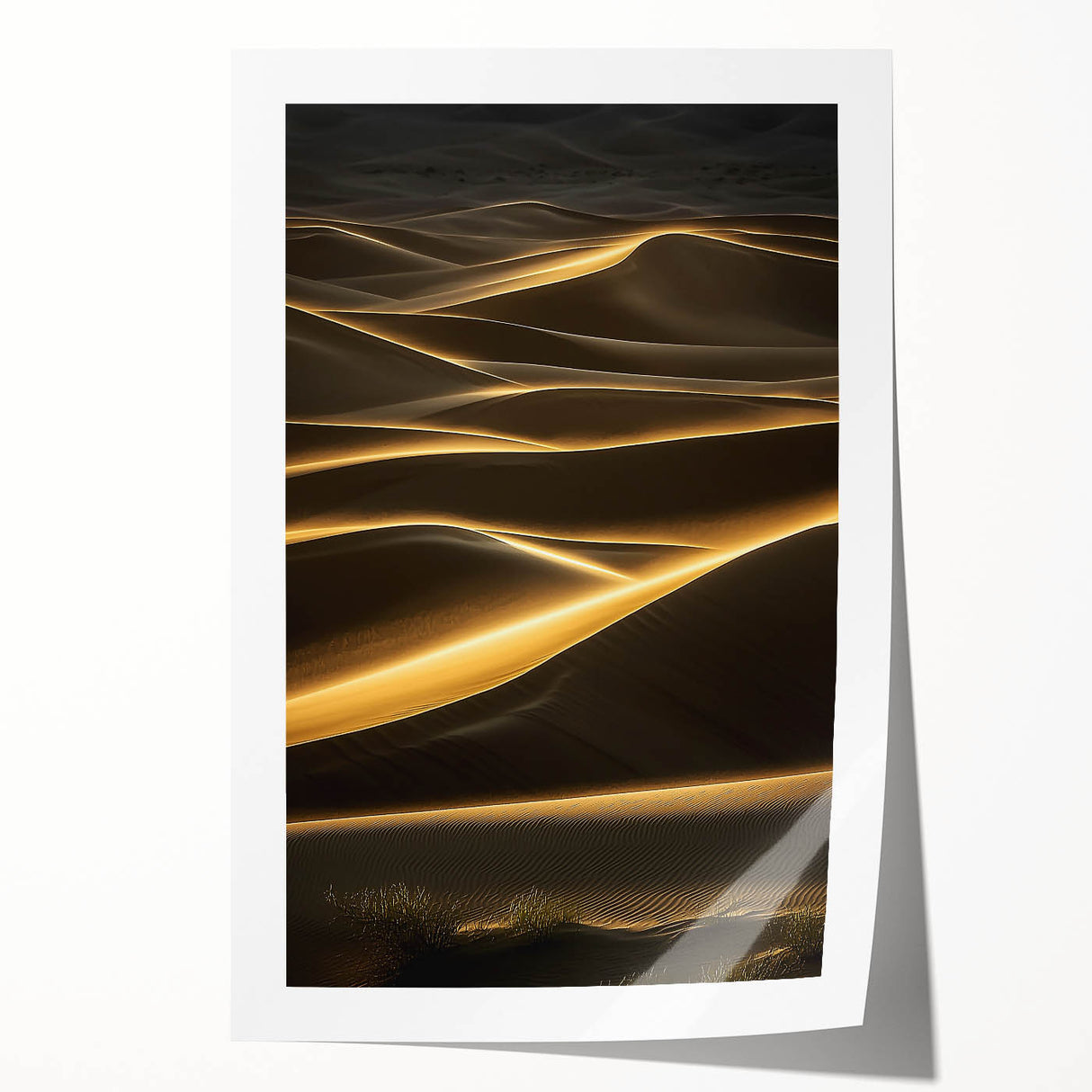 Elegant rolled print of serene desert dunes showcasing soft beige and golden hues, carefully packaged in a robust cardboard tube for safe shipping.