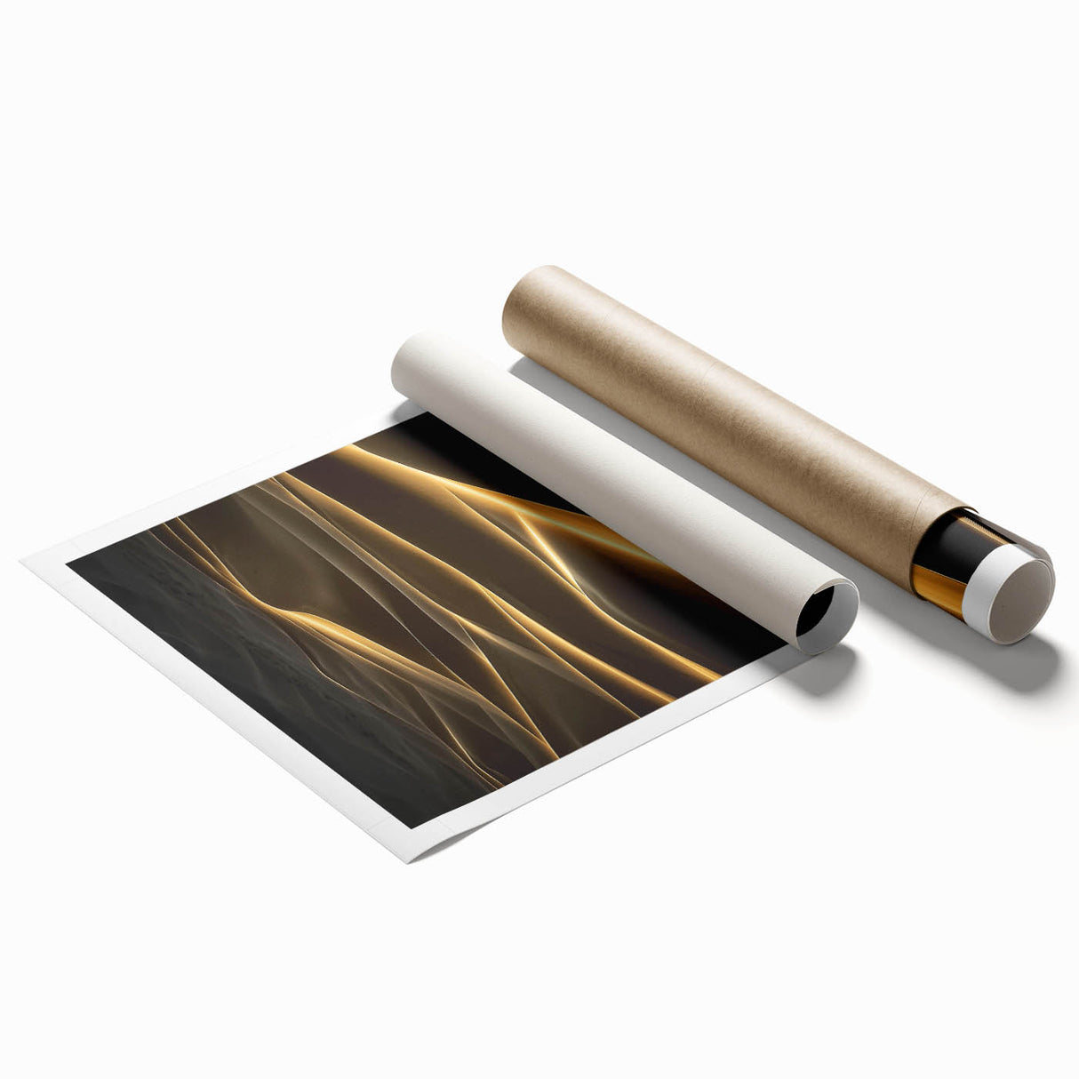 Stunning rolled print depicting serene desert dunes at sunset, showcasing warm hues of orange and gold, ideal for enhancing any modern living space.