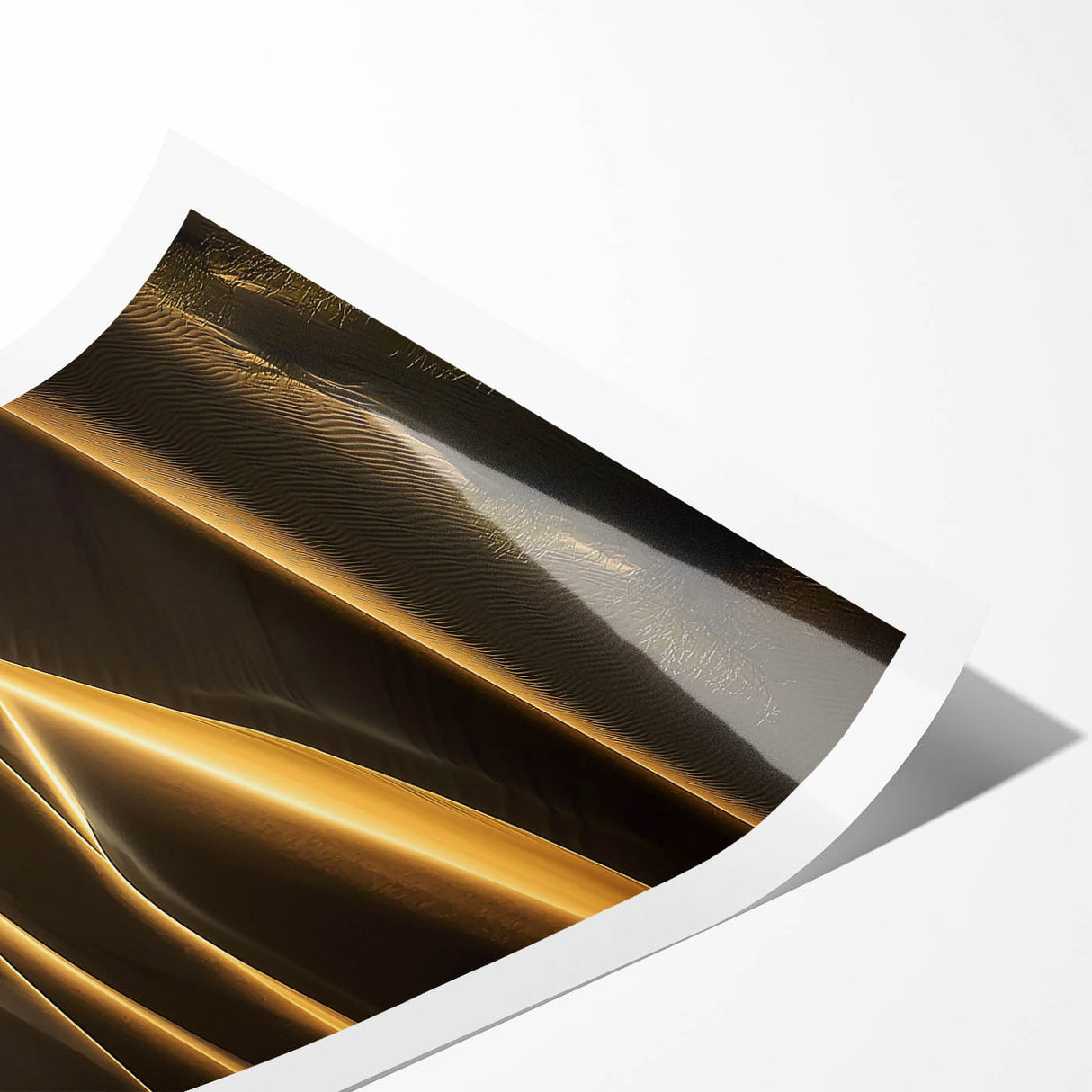 Rolled print of stunning desert dunes landscape, showcasing warm golden and soft beige tones, designed to enhance home decor, securely packaged in a cardboard tube.