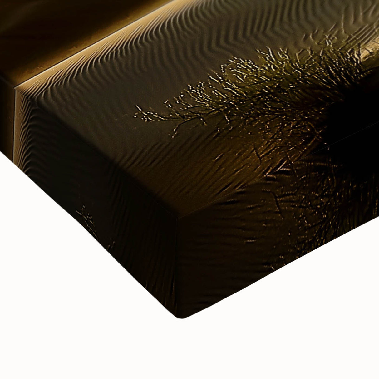 Close-up of a stretched canvas depicting serene sand dunes at sunset, showcasing warm beige and soft orange tones, ideal for enhancing home decor.