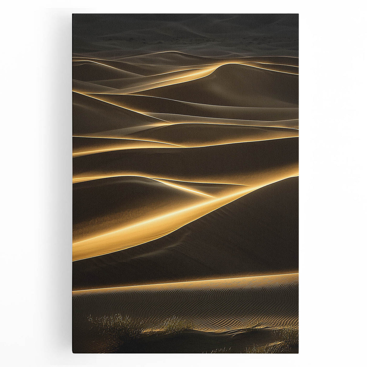 Stretched canvas artwork showcasing a vibrant desert landscape with rolling sand dunes, featuring warm hues of orange and yellow under a clear blue sky, perfect for modern home decor.