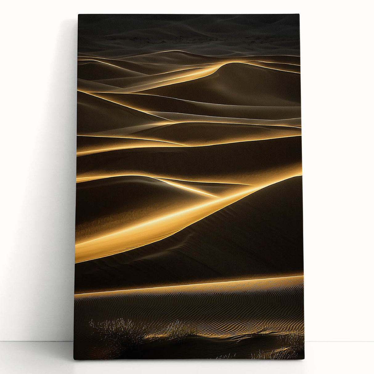 Stretched canvas artwork depicting serene desert dunes at sunset, showcasing warm golden and orange hues, perfect for enhancing modern home decor aesthetics.
