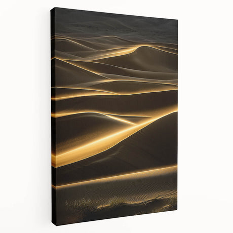 Stretched canvas artwork showcasing serene sand dunes at sunset, emphasizing warm hues of orange and gold, perfect for enhancing tranquil home decor.