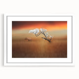 Framed landscape artwork showcasing vibrant green fields and a serene blue sky, featuring a white mat and elegant frame, perfect for home decor.
