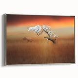 Framed canvas art depicting serene landscapes with vibrant fields and a silver frame, showcasing a modern aesthetic for home or office decor.