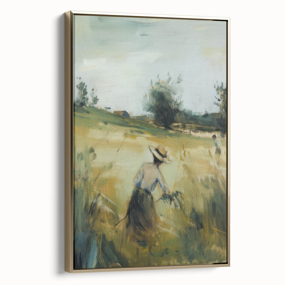 Framed canvas artwork featuring a serene landscape design with vibrant colors, elegantly bordered in gold, showcasing intricate details and textures for a sophisticated decor accent.