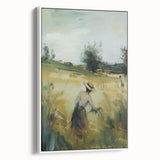 Framed canvas artwork showcasing a serene landscape design with lush greenery and soft pastel colors, elegantly displayed in a white frame from a side view. Perfect for home decor.