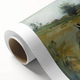 Rolled canvas showcasing a vibrant abstract landscape design with rich colors and intricate details, elegantly packaged in a protective cardboard tube for safe shipping.