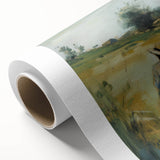 Rolled canvas showcasing a vibrant abstract landscape design with rich colors and intricate details, elegantly packaged in a protective cardboard tube for safe shipping.