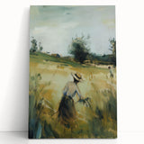 Stretched canvas artwork depicting a serene landscape scene with vibrant colors and fine details, leaning against a textured wall in a contemporary setting.