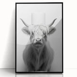 Highland Cow Bathroom Wall Art - Minimalist Black and White Decor
