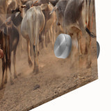 Large abstract wall art print of an Indian scenery in muted earth tones on acrylic glass, ideal for dining room ambiance.