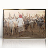 Large acrylic print of a mid-century modernist Indian landscape in gold and earth tones, ideal for modern living room decor.