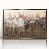 Mid-century modernist art depicting a serene Indian landscape in soft earth tones on a framed acrylic print.