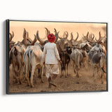 Black and white landscape art painting of an Indian scenery on framed canvas, ideal for bedroom wall decor.